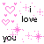 Pixel art animation of pink hearts, stars, and text reading 'i love you' in black and pink on white background.
