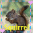 Animated squirrel icon with brown fur, blue eyes, and a bushy tail in two poses against green foliage background.