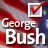 Pixelated image with red and blue background, white text reading 'George Bush', and a checkmark in a square box.