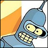 Blue robot with large yellow eyes and a wide grin showing square teeth, positioned against a yellow and orange background.