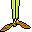 Pixelated static icon showing lower body of a yellow stick figure with black stripes, wearing brown shoes and pink socks on gray background.