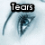 A close-up of a stylized eye with blue irises and black eyeliner, overlaid with text labels in different frames.