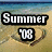 A beach scene with a heart drawn in sand, overlaid by four text blocks reading 'Summer '08', 'let's make it the best x3' on a blue sky and sandy background.