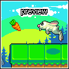Pixel art scene showing a rabbit mid-jump toward a carrot, with green platforms and blue sky background.