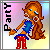 Pixel art of a female character with long brown hair, blue eyes, and a blue-and-red outfit holding a microphone against a pink-to-yellow gradient background with 'Party' text.