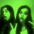 Two women with long dark hair in white tops against a green background, showing sequential facial expressions and head positions.