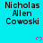A static image with cyan background displaying repeated text "Nicholas Allen Cowoski" and pink pixelated hearts.