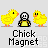 Animated pixel art of a chick magnet icon showing four yellow chicks and a black-and-white character in a with text below