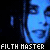 Blue-tinted pixelated face with repeated text labels, showing alternating text and facial expressions across a