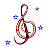 Red and white treble clef with blue stars on gray background; three variations show star count and size changes.