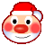 A cartoon character with a red Santa hat, red nose, and rosy cheeks appears in multiple expressions including smiling, laughing, and closed eyes.