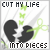 Pixelated icon shows broken black heart with green scissors cutting it, text "CUT MY LIFE INTO PIECES" above and below on white background.