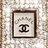Static image with framed Chanel logo on textured background and pink text on cyan background.