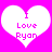 Two white heart shapes on a bright pink background, each containing the text "I Love Ryan" in pixelated magenta font.