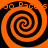 Four orange and black spiral patterns arranged in a with partial text fragments visible around the edges