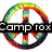 A colorful peace symbol with rainbow gradient rings, overlaid text "Camp rox" and a pixelated blue-and-pink background with "Ctt=Life" text.
