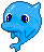 Four pixelated blue dolphin icons arranged in a , each with distinct facial expressions against a gray background