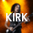 A static image of a person with long dark hair playing an electric guitar, overlaid with the text "KIRK" in large white letters against an orange background.