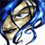 A pixelated close-up of a cartoon character's face with blue hair and a blue ribbon, set against a dark blue background.