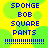 Blue pixelated text reading SPONGE BOB SQUARE PANTS and multiple exclamation marks on a yellow background with green circular shapes.