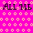 A static image with a bright pink background patterned by yellow circles and wavy lines, featuring repeated black text "ALL ME" in pixelated font.