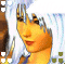 Pixelated character with white hair and yellow skin, wearing a blue top, shown in three variations of background elements.