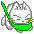 A 3x3 contact sheet of pixel art frames showing a white cat-like character with pink eyes and red mouth holding a green leaf, displaying various expressions including smiling, crying, and neutral poses across eight sampled animation frames.