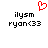 Red pixelated heart symbol above black text 'ilysm ryan<33' on white background.