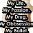 Pixelated black-and-white text blocks on a light brown background, each reading 'My [noun].' with varying nouns.