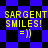 Yellow text and smiley face on blue and black checkered background with diamond pattern variations.