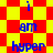 Blue text reading "I am hyper" on a red and yellow checkered background with a diamond pattern overlay.