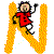 A pixelated character in a red shirt and dark pants performs different poses against a large yellow 'N' on white background.