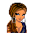 Pixel art of a woman with braided hair, blue eyes, and silver earrings wearing a dark sleeveless top; adjacent to her are separate pixelated sections showing the same figure's dress, handbag, and legs in high heels.