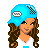 A 48x48 pixel animated contact sheet showing three frames of a cartoon character with text overlay on blue background.