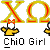Pixel art character with white face, red bow, yellow top, and gray background; text "ChiO Girl" below; red and yellow X/Ω symbols above.