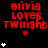 Red pixelated text 'olivia loves twilight' with a small red heart below, surrounded by white star icons on a black background.