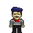 Pixel art of a man with brown hair wearing a blue beret, red neckerchief, black-and-white striped shirt, and dark pants against gray background.