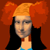 Pixelated static image of a character with orange hair styled in large puffs, wearing a blue bikini top and black jacket against an orange background.