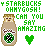 Pixelated green text reads 'STARBUCKS OHMYGOSH! CAN YOU SAY AMAZING' above a brown bottle with white label and green circular logo, next to a green heart.