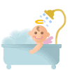 Pixelated cartoon baby with brown hair, pink wings, and golden halo sits in light blue bathtub under yellow showerhead spraying blue bubbles.