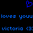 Blue pixelated heart symbol above blue text reading 'loves youu loves youu' and 'victoria <3: victoria <3' on black background.
