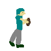 Pixelated character in teal shirt and gray pants throws a brown object across six