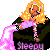 Pixel art icon of a blonde woman in pajamas holding a glowing pink object with motion trails, wearing a dark jacket over light-colored clothing and text reading "sleepy" at the bottom.