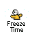 Pixelated character with white face and black eyes in yellow outfit, performing freeze animation sequence with blue particle effects.