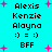 Pixelated cyan background with pink plus signs and repeated text listing names, emoticons, and 'BFF' in black block letters.