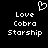 Pixelated white text and heart symbol on black background, two identical side-by-side layouts with 'Love Cobra Starship' text below a heart icon.
