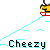 Pixelated character on red sled slides down snowy slope with snowball, text "Cheezy" below.