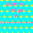 A static image with a bright cyan background covered in yellow stars, featuring repeated pink text "joanna says hi" and horizontal lines of pink X's.