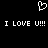 Pixelated white heart symbol above repeated text 'I LOVE U!!!' on black background.