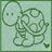 Green line-drawn turtle with spotted shell walking left on light green background, small heart icon below right foot.
